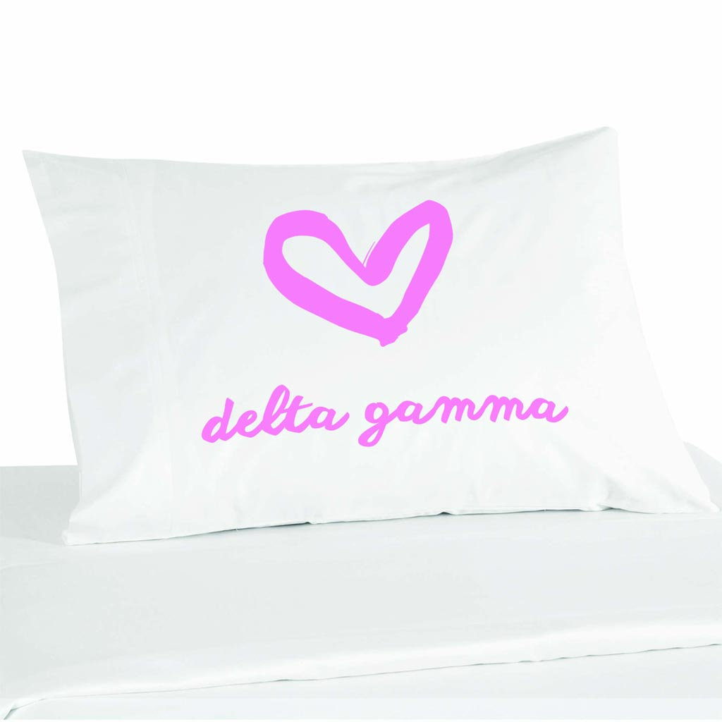 Delta Gamma sorority name with heart design custom printed on pillowcase