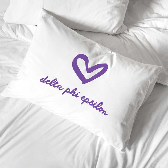 Delta Phi Epsilon sorority name with heart design custom printed on pillowcase