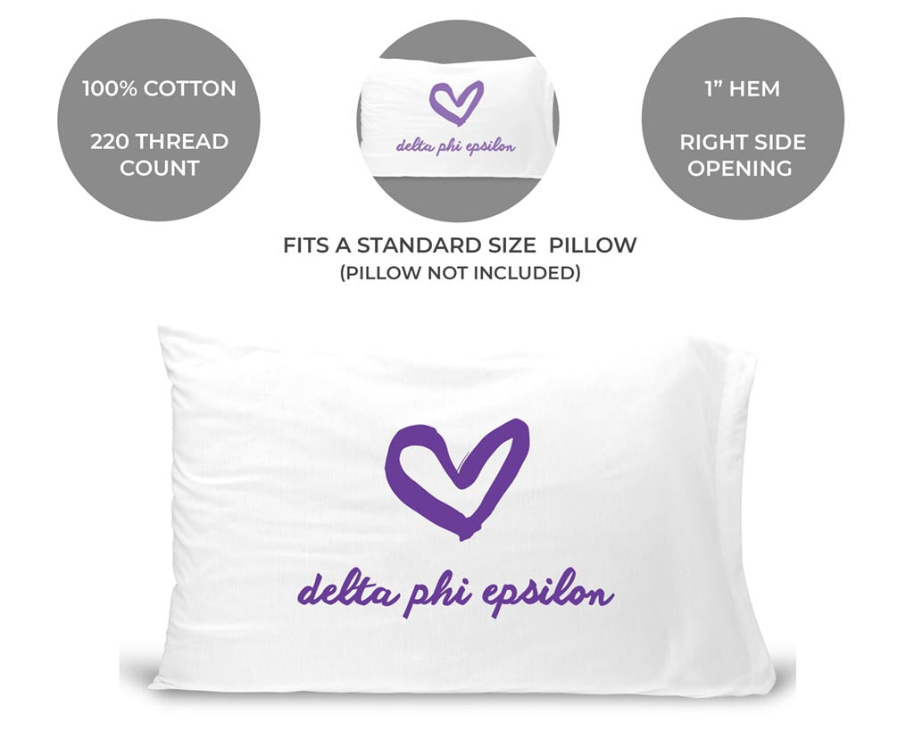 Delta Phi Epsilon sorority name and heart design custom printed on pillowcase