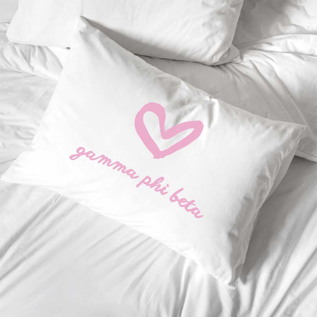 Gamma Phi Beta sorority name with heart design custom printed on pillowcase