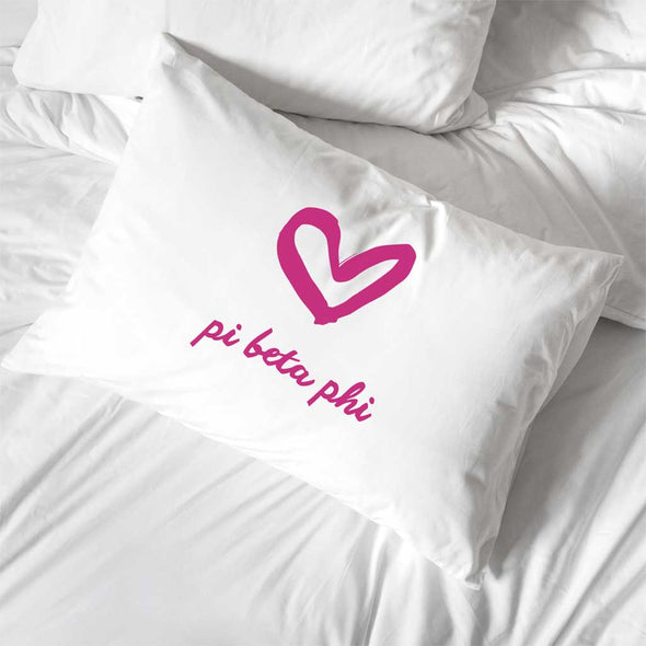 Pi Beta Phi sorority name with heart design custom printed on pillowcase