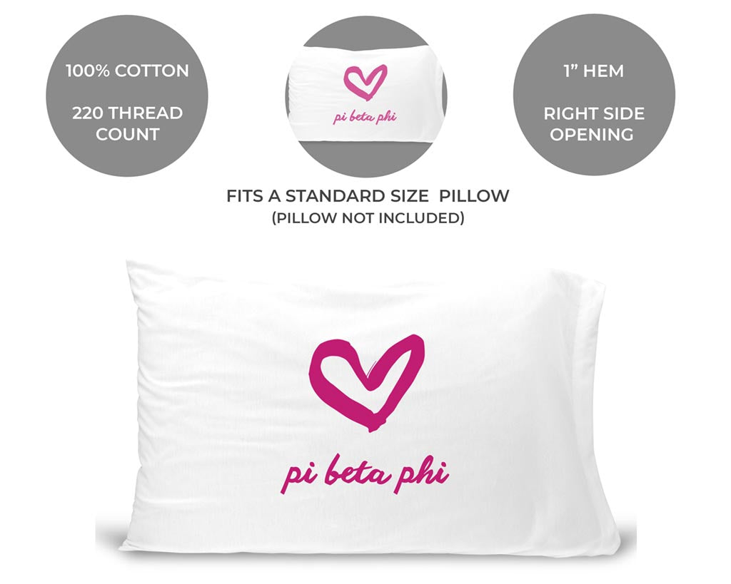 Pi Beta Phi sorority name and heart design custom printed on standard pillowcase