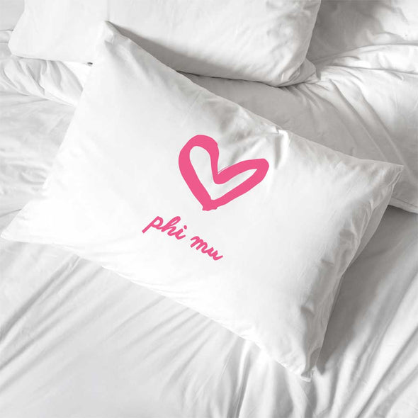 Phi Mu sorority name with heart design custom printed on pillowcase