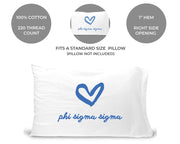 Phi Sigma Sigma sorority name and heart design custom printed on standard pillowcase