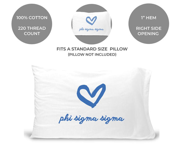 Phi Sigma Sigma sorority name and heart design custom printed on standard pillowcase