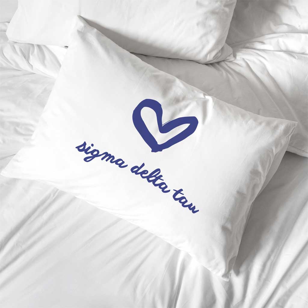 Sigma Delta Tau sorority name with heart design custom printed on pillowcase