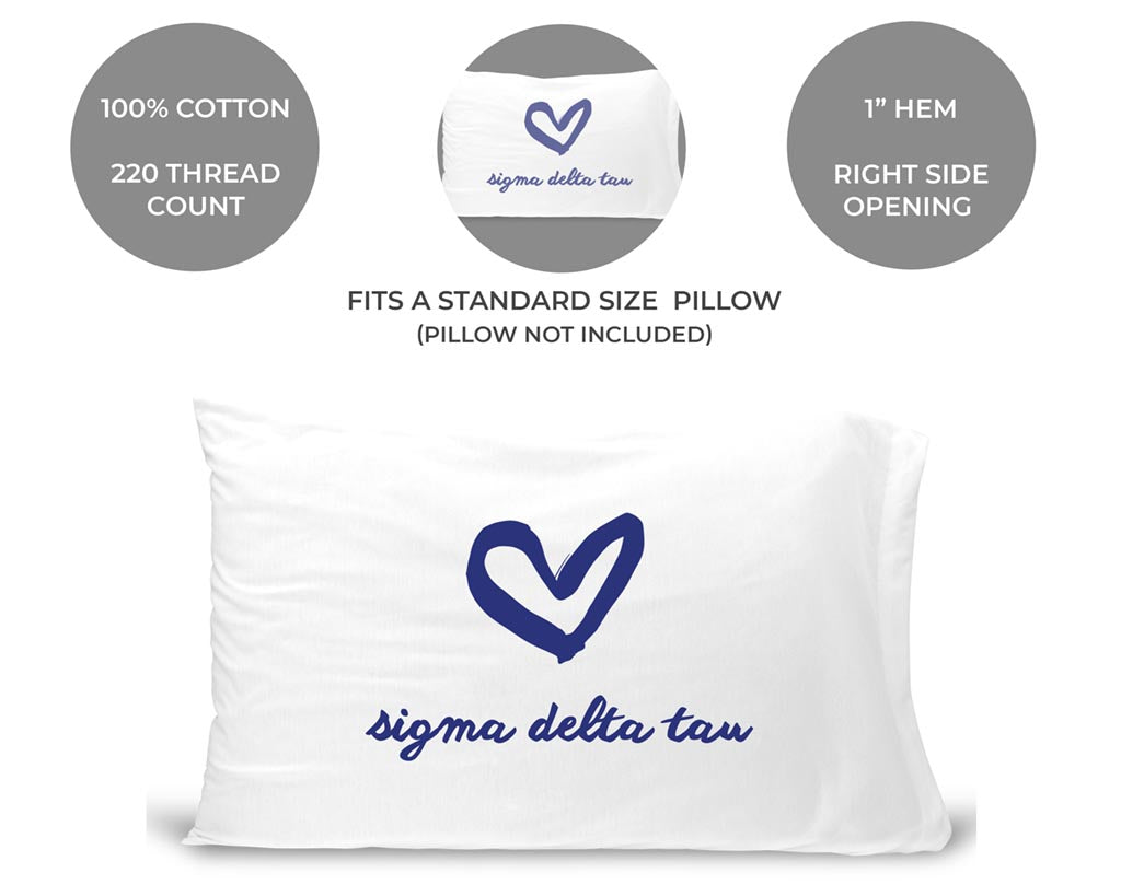Sigma Delta Tau sorority name and heart design custom printed on standard pillowcase
