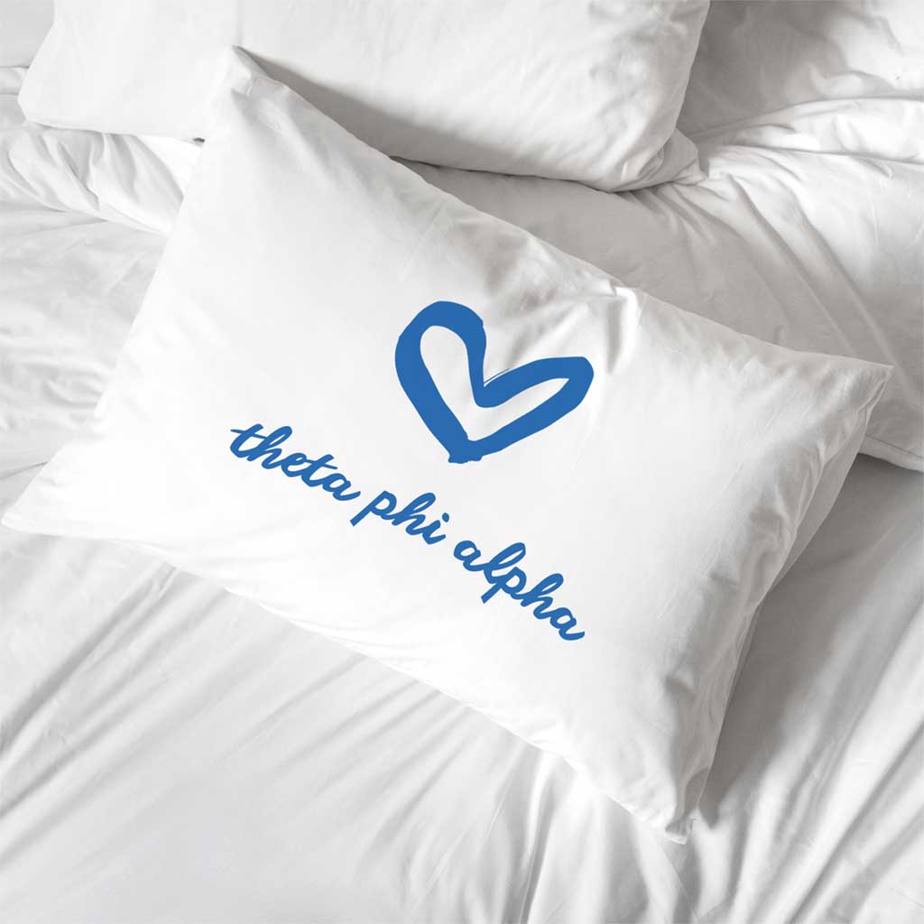 Theta Phi Alpha sorority name and heart design custom printed on pillowcase