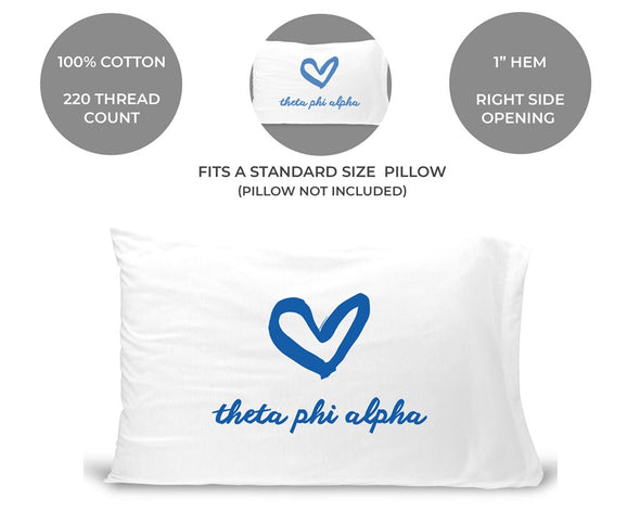 Theta Phi Alpha sorority name and heart design custom printed on standard pillowcase