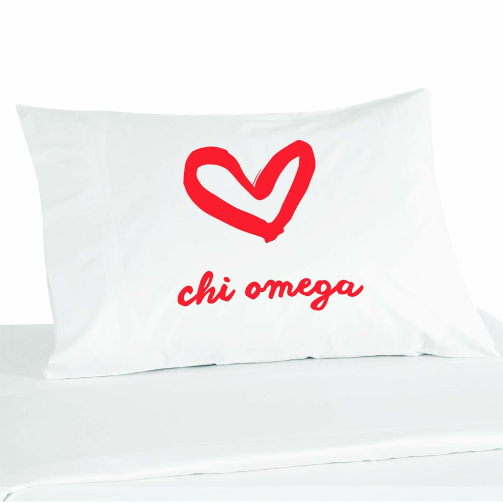 Chi Omega sorority name with heart design custom printed on pillowcase