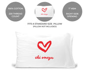 Chi Omega sorority name and heart design custom printed on pillowcase