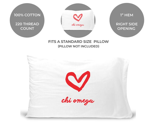 Chi Omega sorority name and heart design custom printed on pillowcase