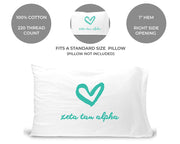 Zeta Tau Alpha sorority name and heart design custom printed on standard pillowcase