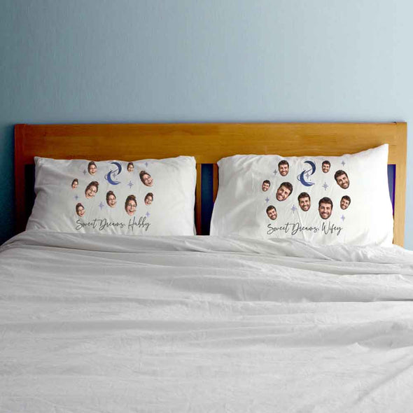 Custom printed pillowcases with cute design of sweet dreams hubby and wifey with photo faces cropped and all over design digitally printed on the pillowcase makes a unique gift.