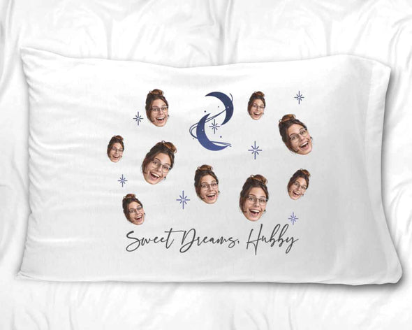 Sweet dreams hubby or wifey with photo face cropped and all over pattern design digitally printed on a white cotton pillowcase.