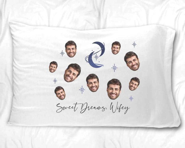 Sweet dreams wifey with your husbands photo face cropped all over design digitally printed on white cotton standard pillowcase.