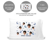 Fits a stand size pillow, 100% cotton, 220 thread count, your choice of opening, you send us the photo and we will crop your face and print in an all over design with sweet dreams printed on one side.