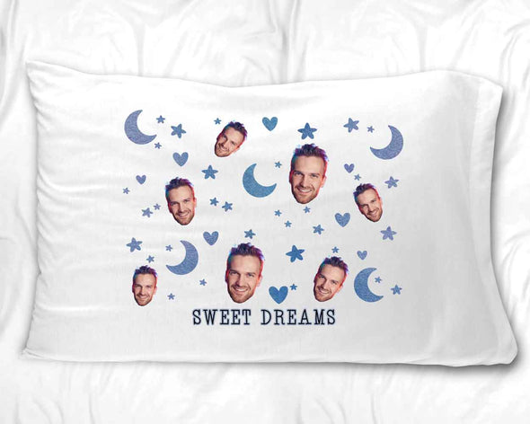 Comfy white cotton standard pillowcase custom printed with sweet dreams and personalized with your photo face cropped and printed in all over design makes a fun gift for Christmas.