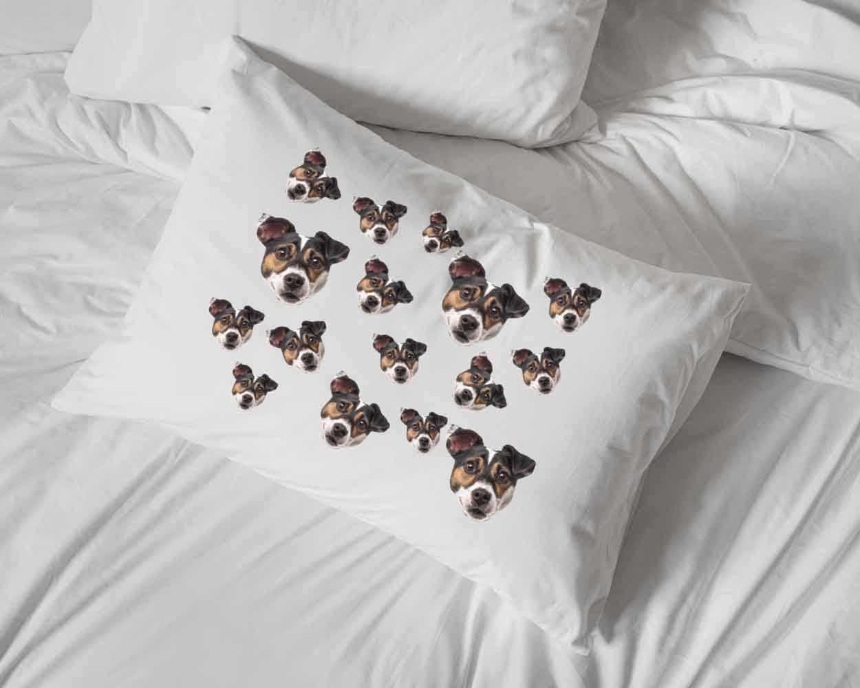 Custom printed white cotton pillowcase with your pet photo face cropped in all over design digitally printed on pillowcase makes a fun gift for someone special.