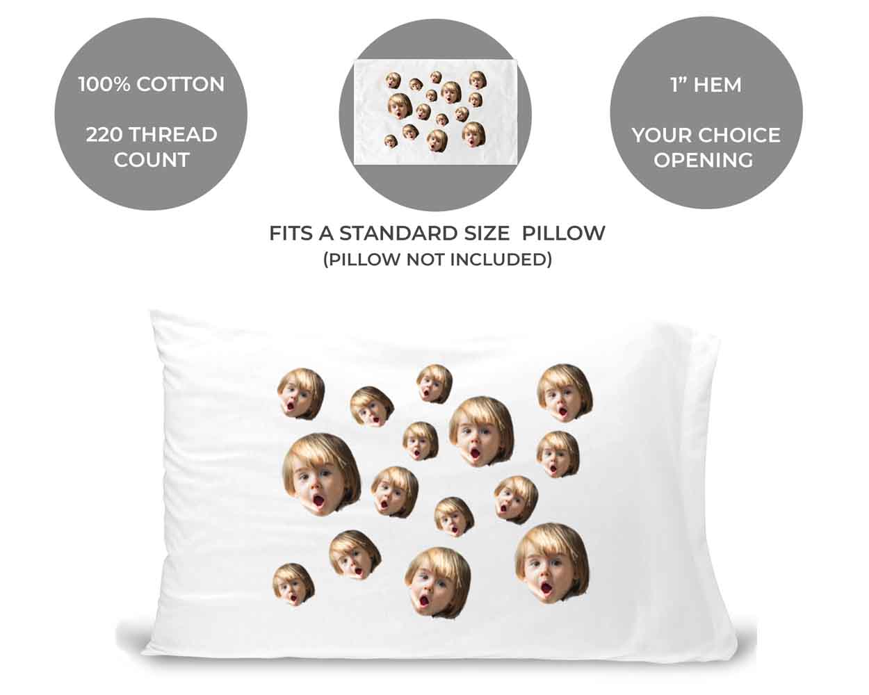 Fun standard pillowcase custom printed with photo face cropped in all over design make a fun gift for anyone.