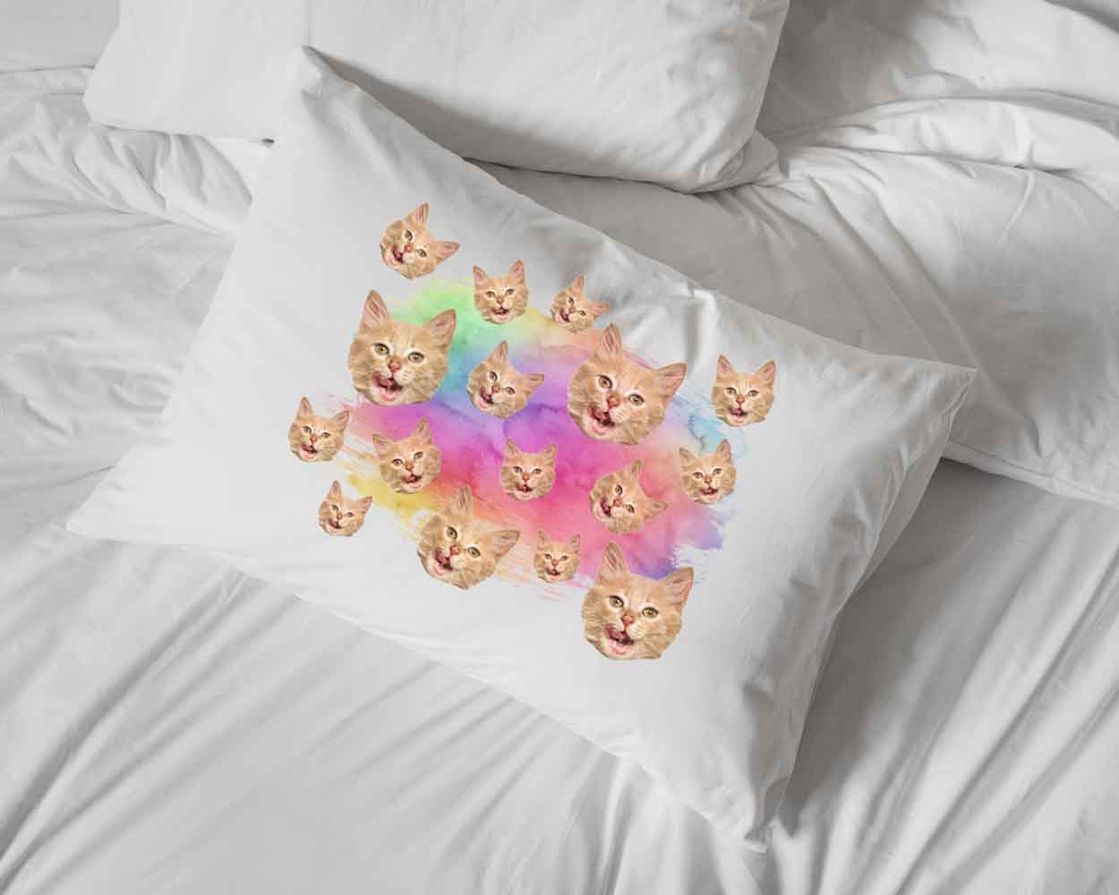 Custom printed and personalized with your pets face cropped in all over design with rainbow wash background digitally printed on the white cotton pillowcase.