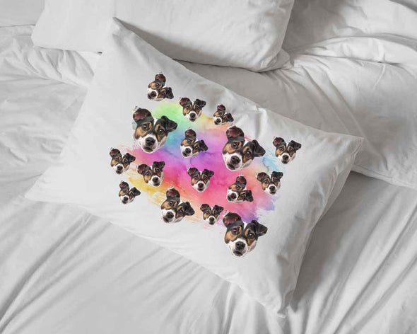 Custom pillowcase with your favorite pets face cropped and in an all over design with a rainbow wash background digitally printed on standard white cotton pillowcase.