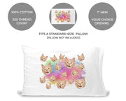 Fits a standard size pillowcase, pillow not included, 220 thread count, your choice of opening, one photo image per pillowcase, cropped photo face and printed with rainbow wash design on standard pillowcase.