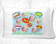 Custom printed pillowcase with super hero design using your photo face cropped in all over design is digitally printed on white cotton standard pillowcase.