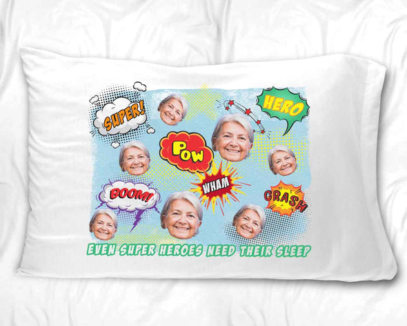 Custom printed pillowcase with super hero design using your photo face cropped in all over design is digitally printed on white cotton standard pillowcase.