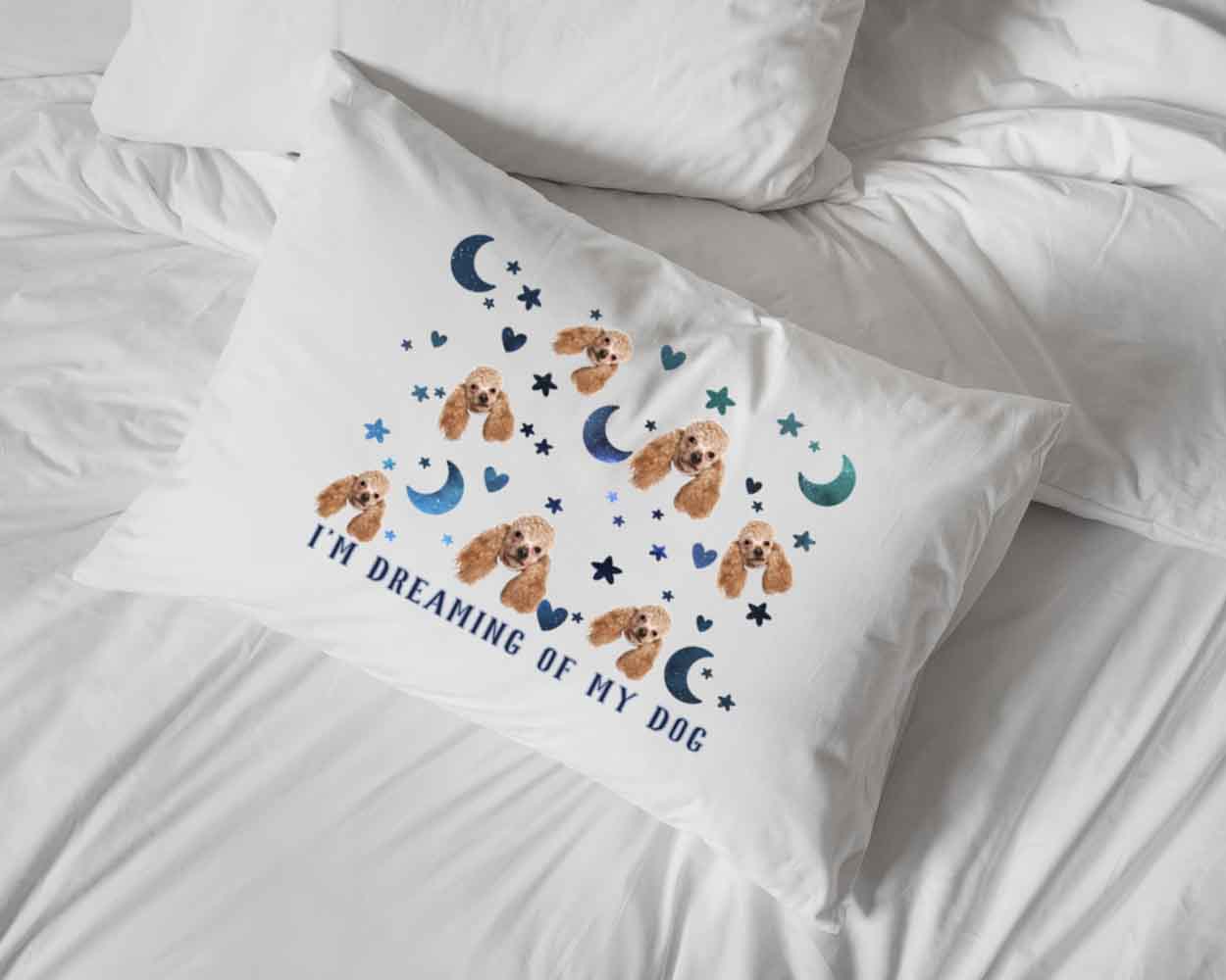 I'm dreaming of my dog with your photo face cropped in all over design digitally printed on a white standard pillowcase makes a unique gift for the pet lover.