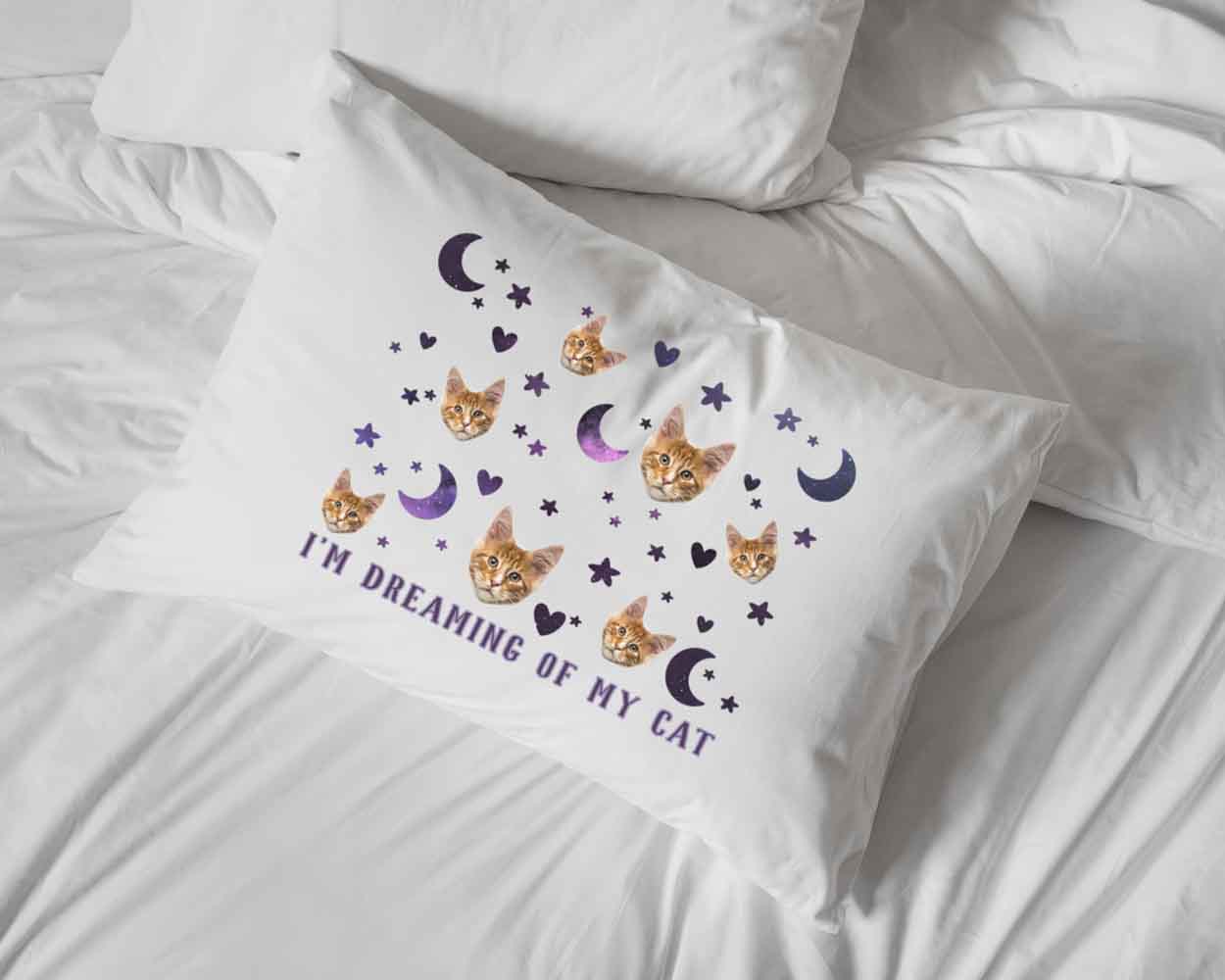 Custom printed pillowcase with your pets photo face cropped into I'm dreaming of my cat design custom digitally printed on standard pillowcase.