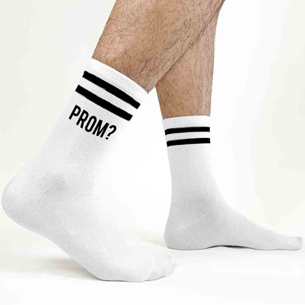 Prom in rainbow letters with a question mark for a promposal custom printed on striped crew socks.
