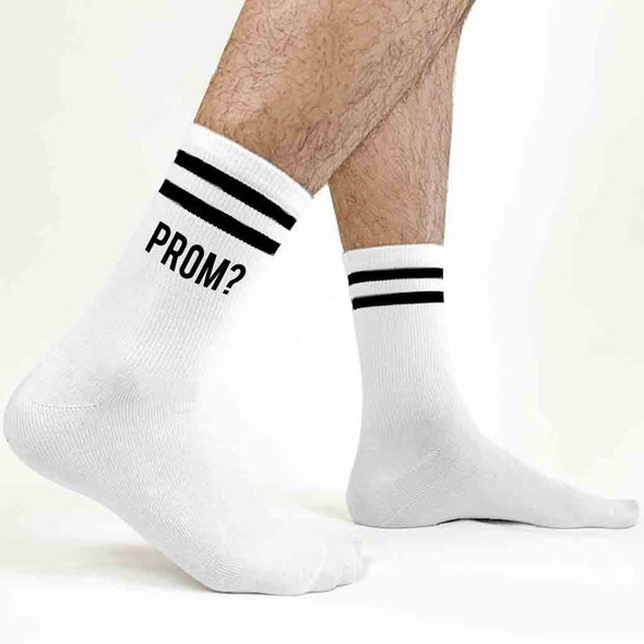 Prom in rainbow letters with a question mark for a promposal custom printed on striped crew socks.