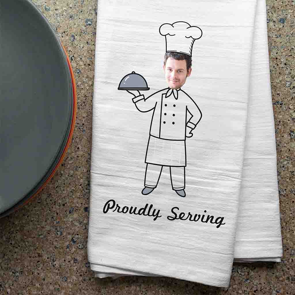 Proudly serving digitally printed humorous kitchen dish towel set for the cook with your photo and personalized with your monogram initial.