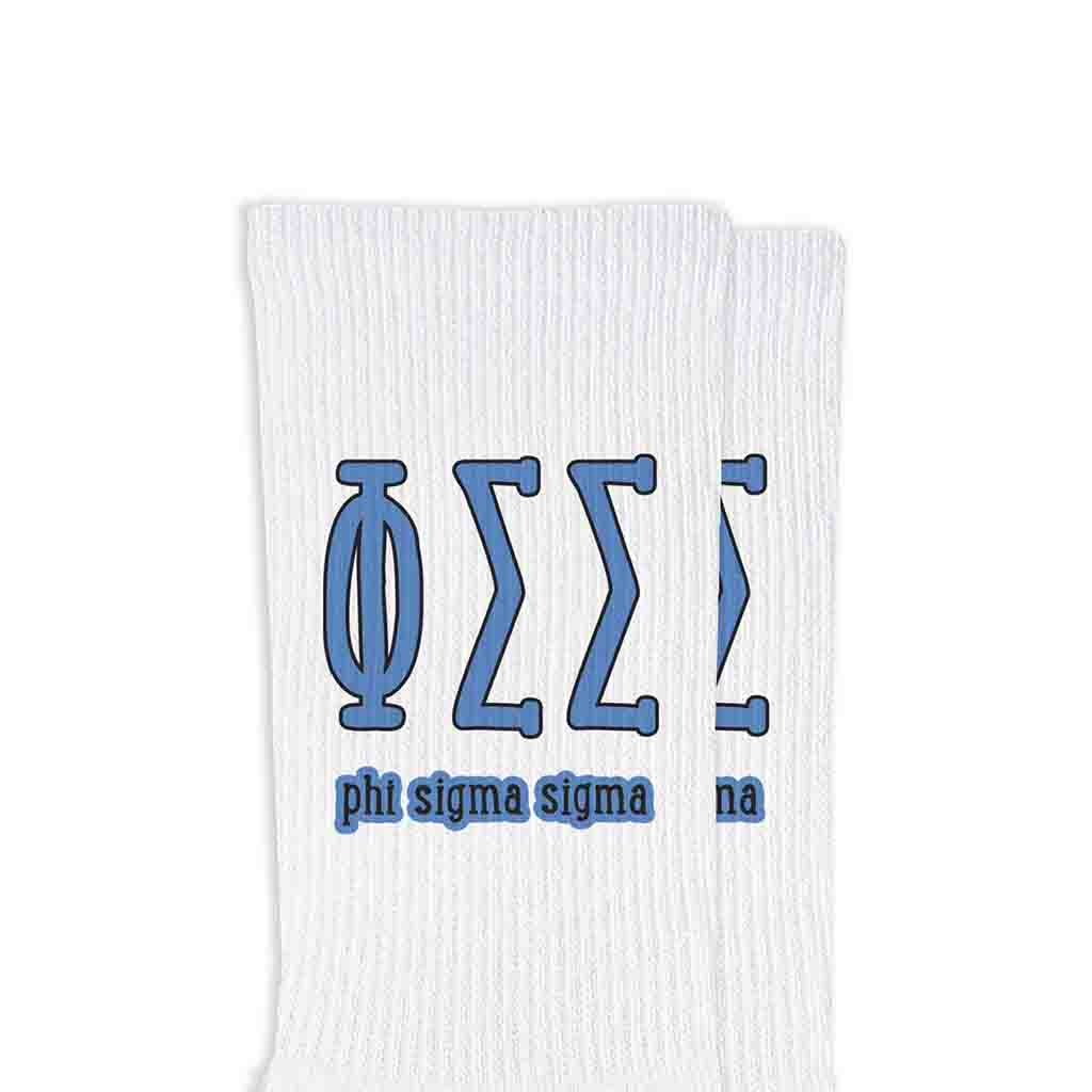Phi Sigma Sigma sorority letters and name digitally printed on white crew socks.