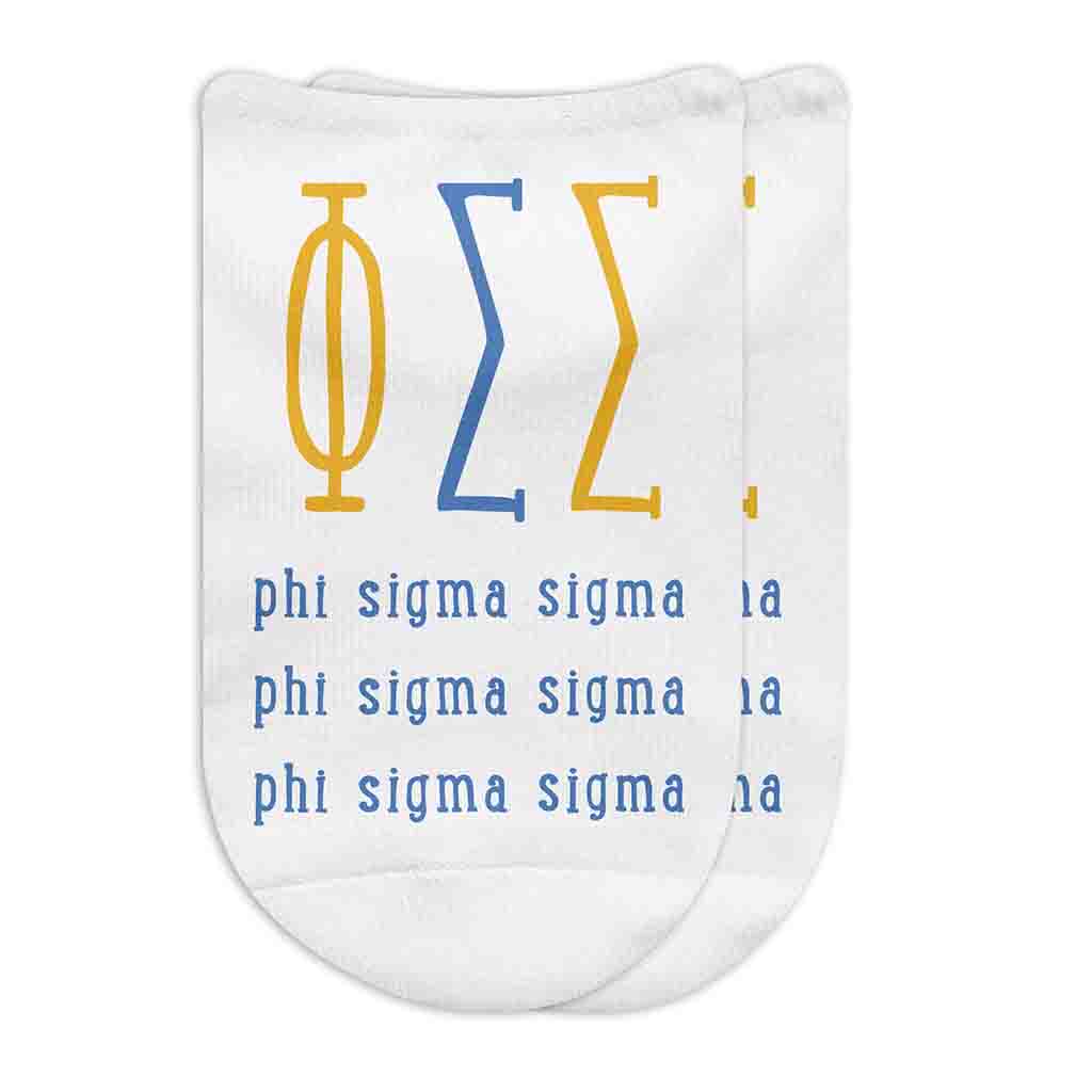 Phi Sigma Sigma sorority letters and name digitally printed on no show socks.