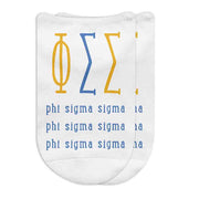 Phi Sigma Sigma sorority letters and name digitally printed on no show socks.