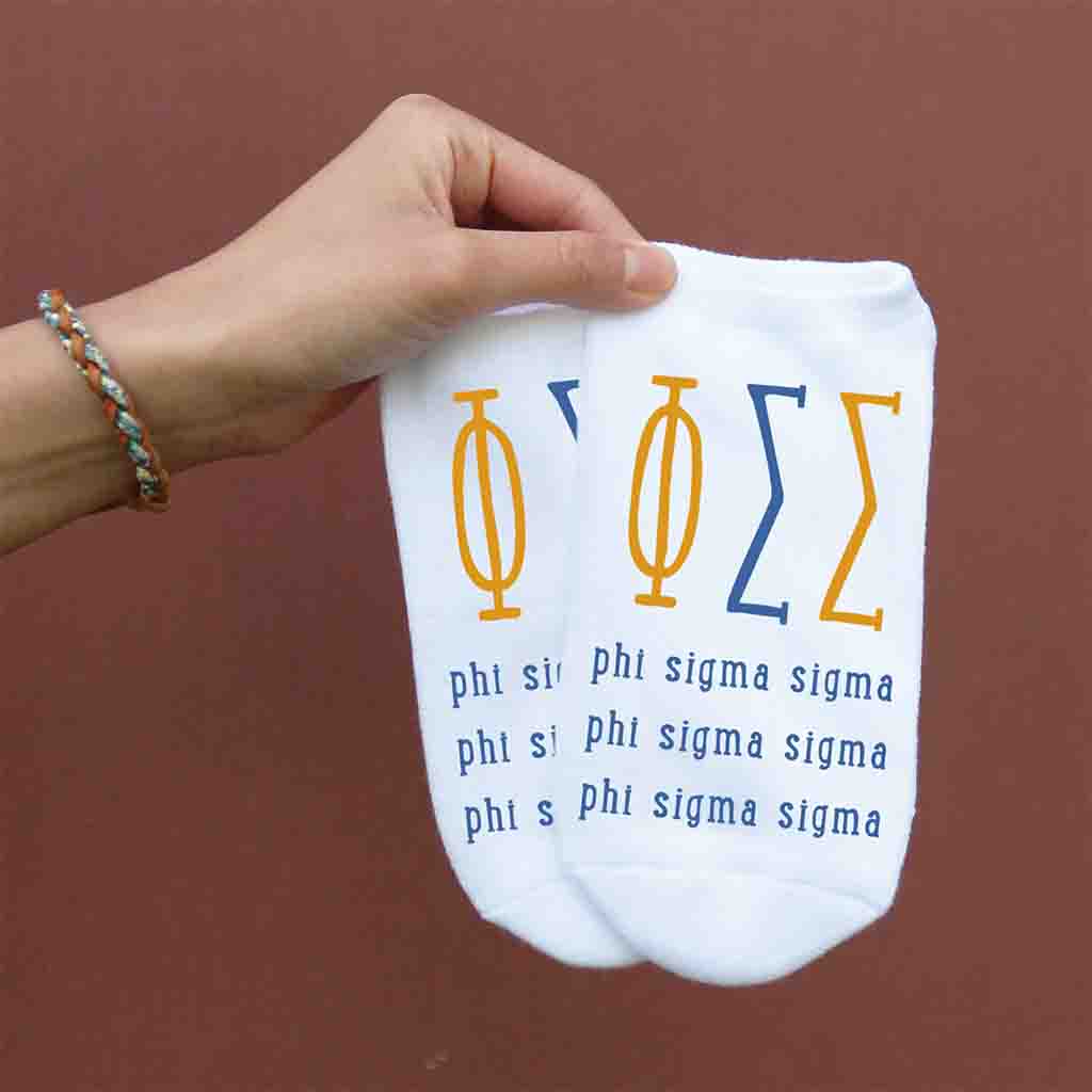 Phi Sigma Sigma sorority letters and name digitally printed on no show socks.
