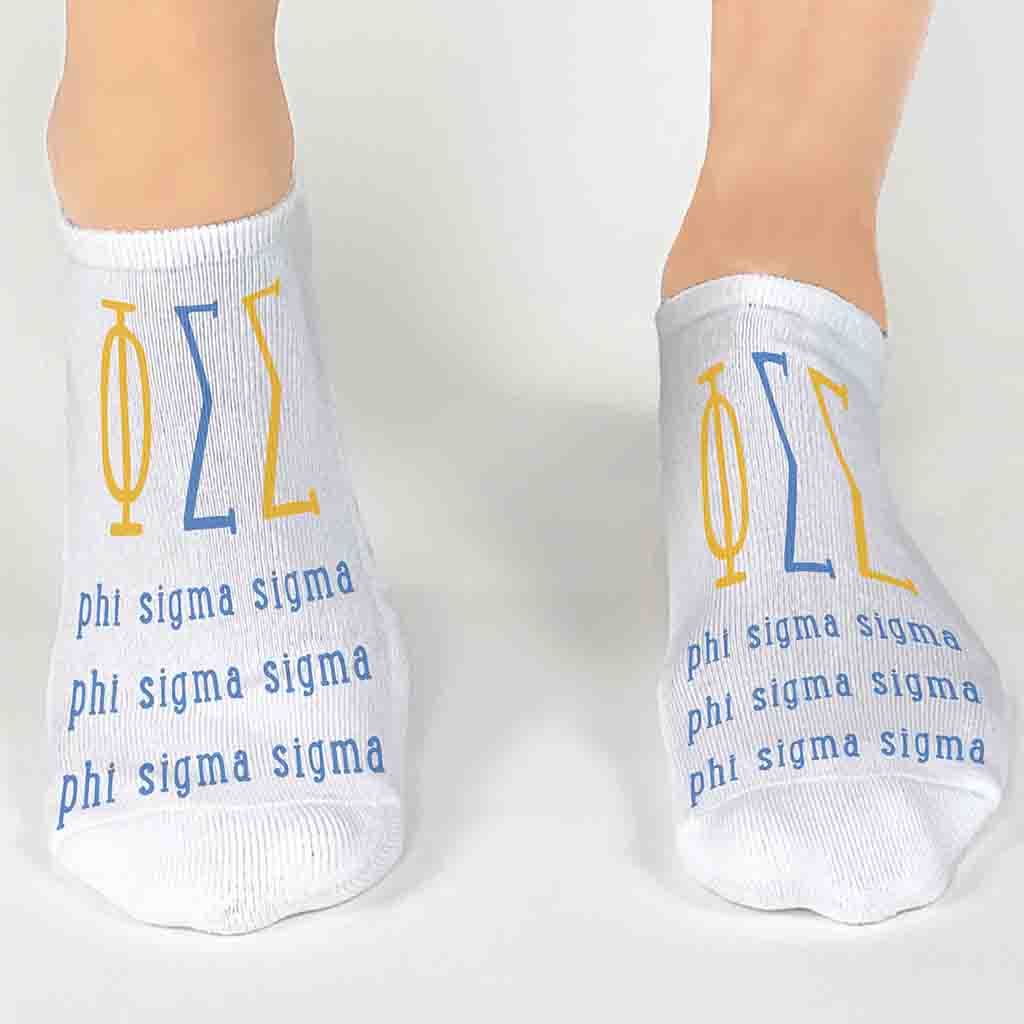 Phi Sigma Sigma sorority letters and name digitally printed on no show socks.