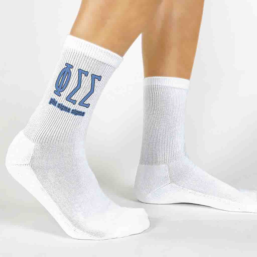 Phi Sigma Sigma sorority letters and name digitally printed on white crew socks.