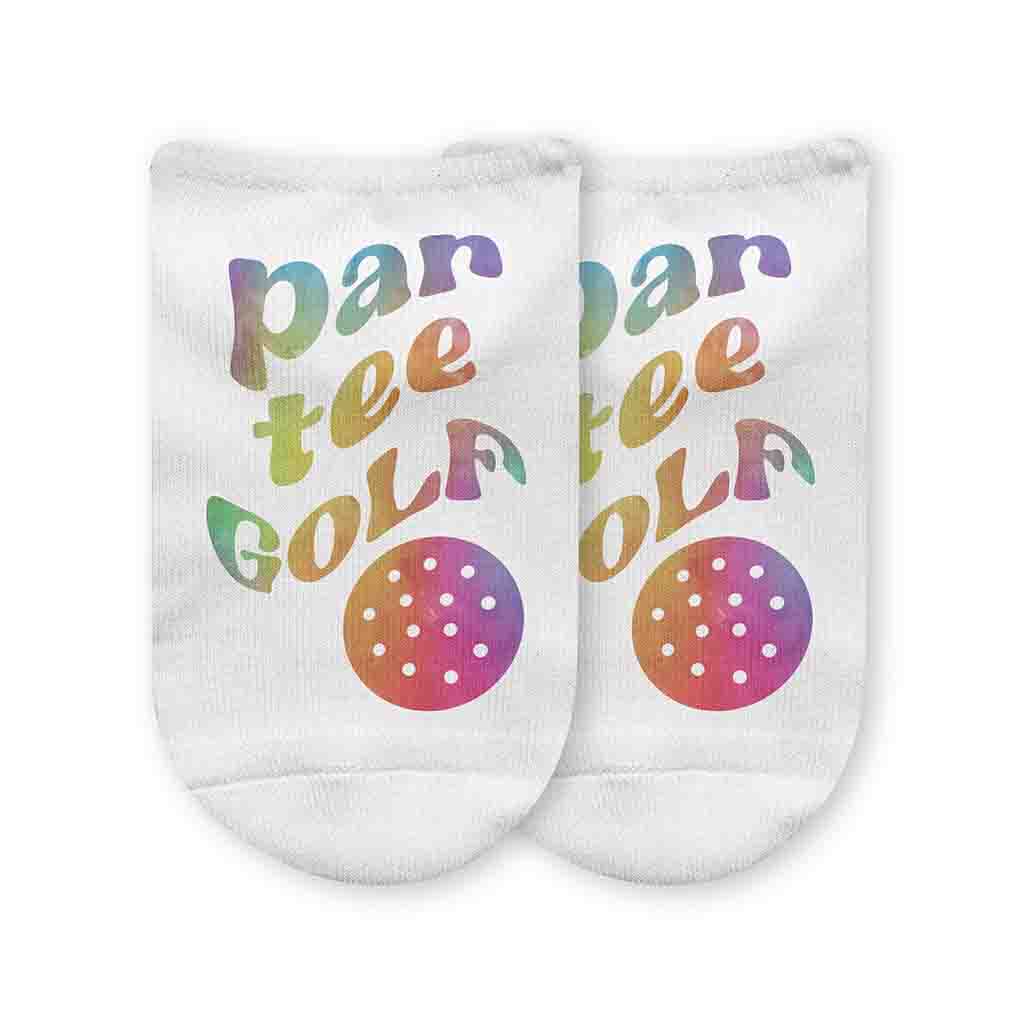 Mod rainbow par tee golf design custom printed on comfy white cotton no show socks are the perfect golf accessory.