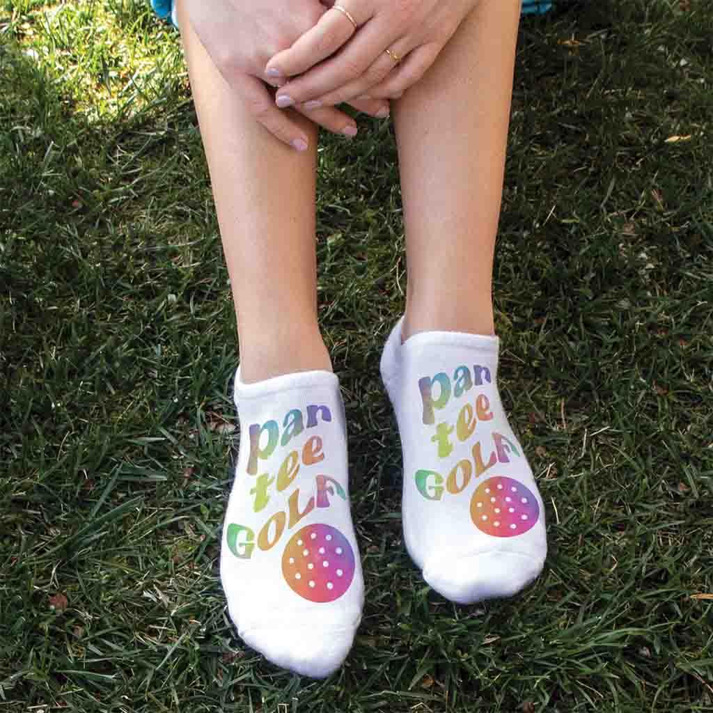 Par Tee Golf rainbow mod design digitally printed on soft white cotton no show socks are the perfect accessory for any golf fan.