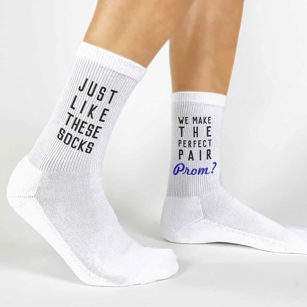 The perfect pair of promposal socks to ask someone to senior prom these printed cotton crew socks are a fun way to ask and will definitely get the attention you deserve.