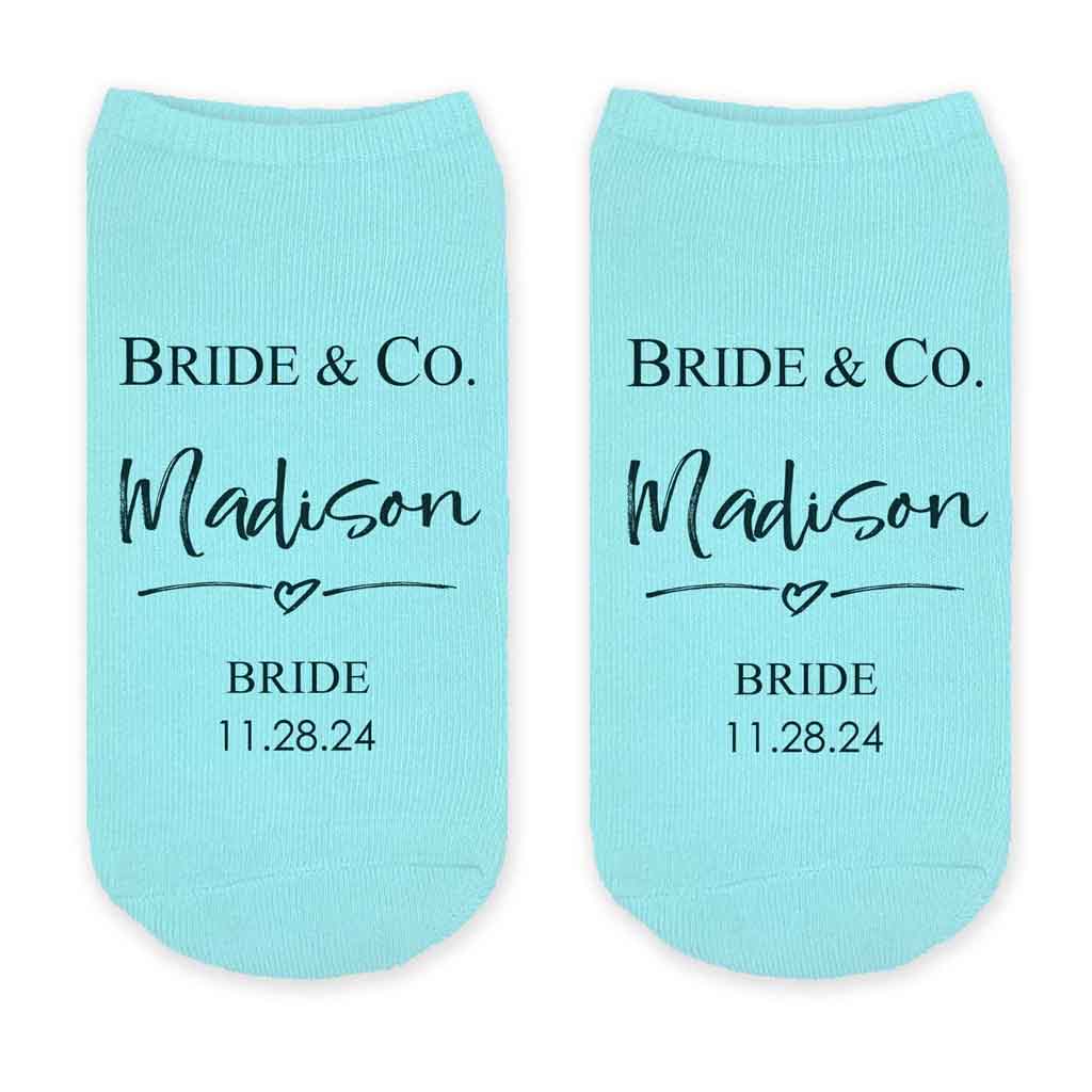 Something blue for the bride these turquoise no show socks custom printed with your name, date and role and a tiffany style design make the perfect accessory for your wedding day.