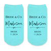 Something blue for the bride these turquoise no show socks custom printed with your name, date and role and a tiffany style design make the perfect accessory for your wedding day.
