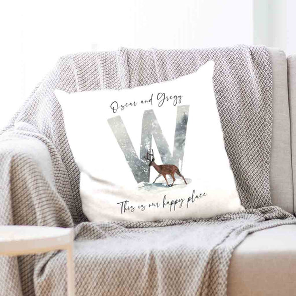 Personalized couch pillow for couple winter with monogram letter and family name.