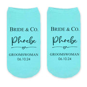 Custom printed bridesmaid socks personalized with your name and date make these a unique gift for your wedding party.