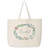 Large canvas tote bag for the wedding party personalized name in a farmhouse floral theme.