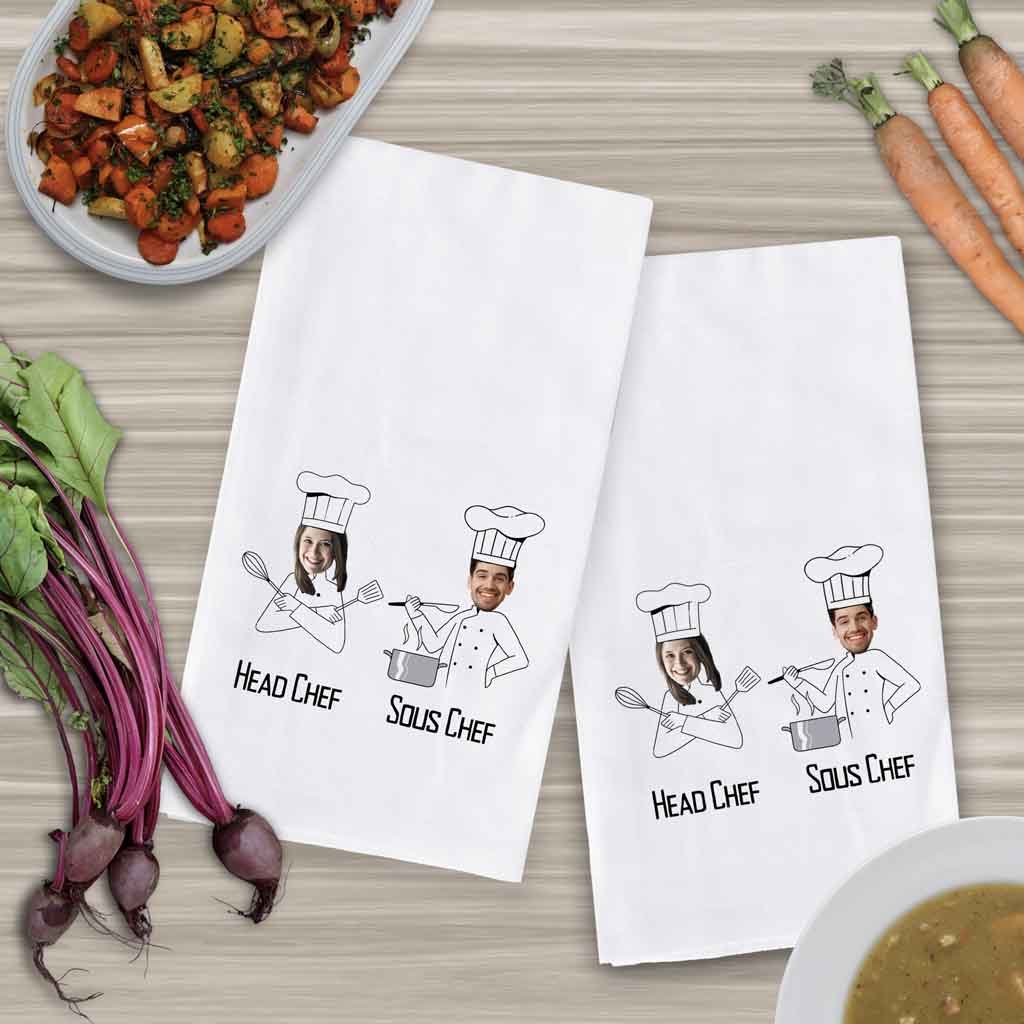 Head Chef and Sous Chef design digitally printed with your photo face on cotton dish towel.