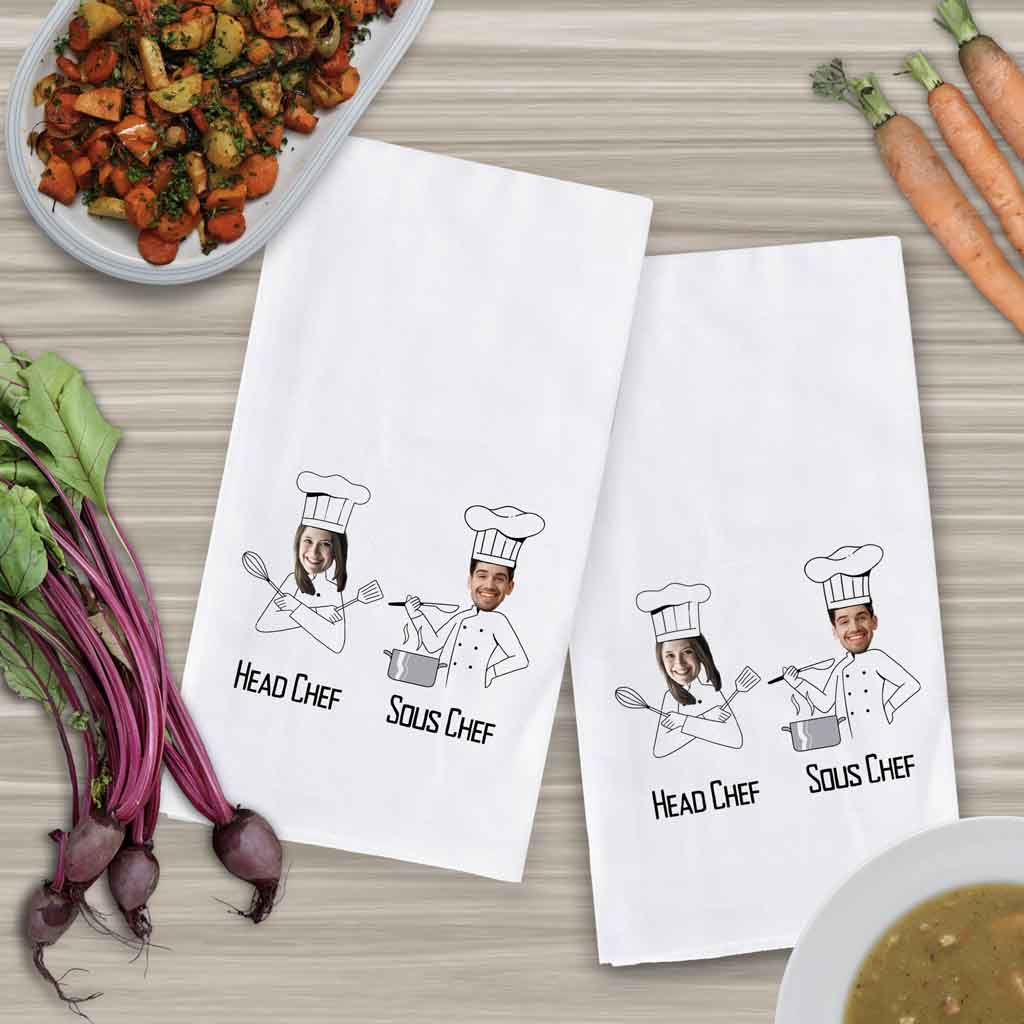 Head chef and sous chef design digitally printed on cotton kitchen dish towel.